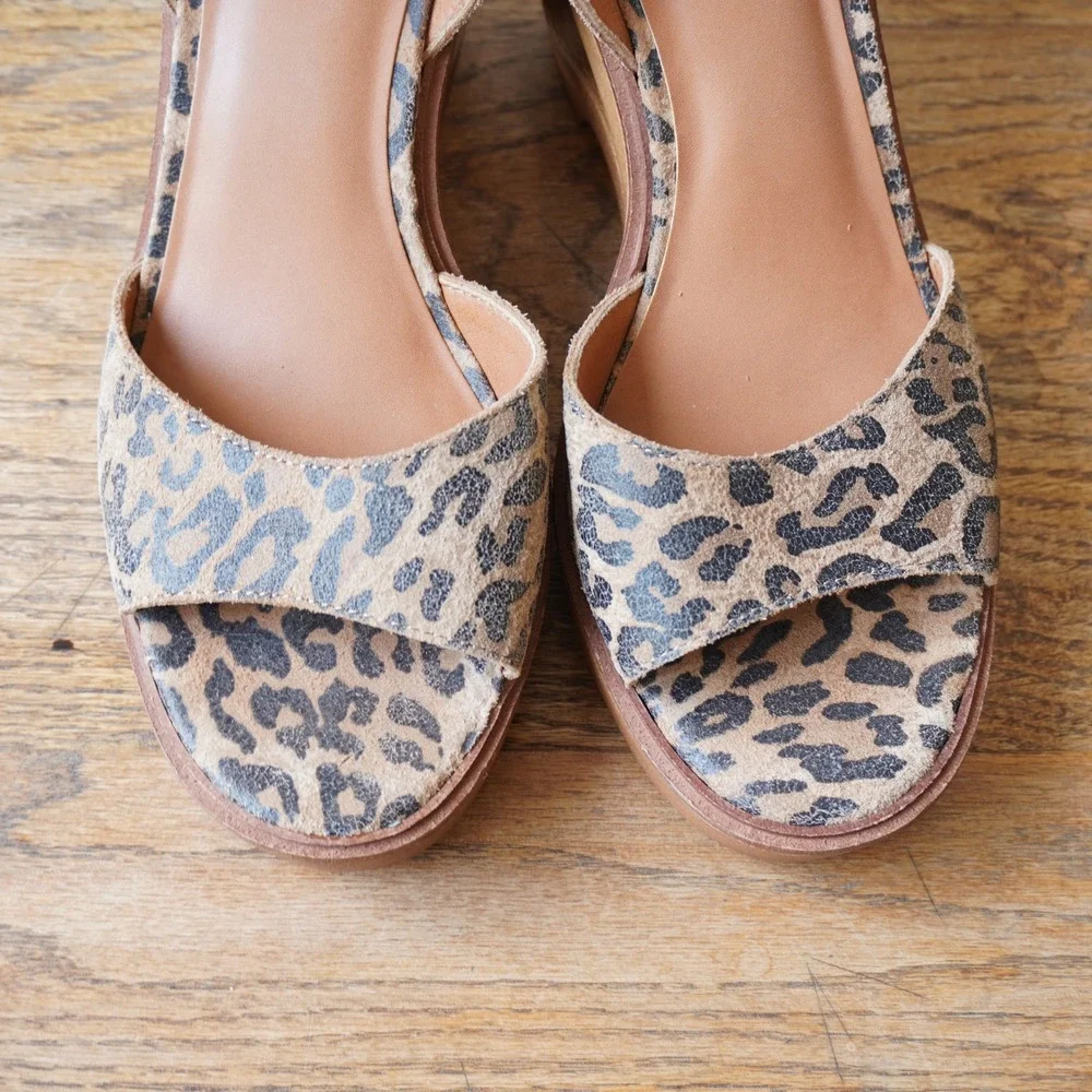 Lucky Brand Wynona Leopard Print Wedge Platform Sandals Tan Black 9.5M